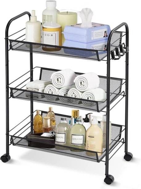 KriShyam ® 3-Tier Slim Metal Rolling Cart, Mesh Wire Storage Utility Trolley, Fruit Stand Carbon Steel Kitchen Trolley