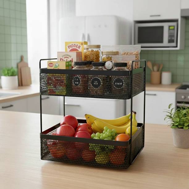 ASHLAS 2-Tier Metal Square Kitchen Rack Stand Organiser | Countertop Organizer Kitchen Iron Kitchen Trolley