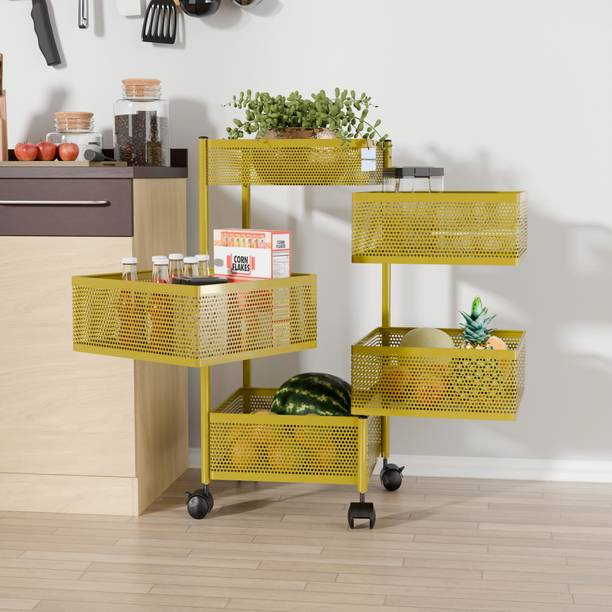 HOMESTIC 4+1 Layer Kitchen Metal Storage Rack with Wheels | Square Shape - Golden Iron Kitchen Trolley