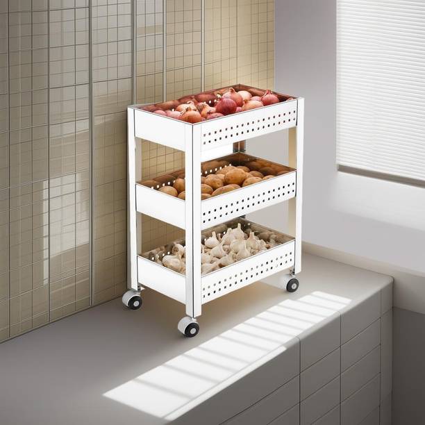 Plantex Stainless Steel 3-Tier Vegetable Basket for Kitchen/Onion Garlic Stand/Vegetable Storage Stand-Trolley for Kitchen(Square Profile-Silver) Stainless Steel Kitchen Trolley