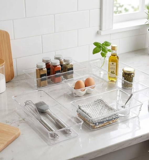 AK10ZONE 6 Piece Clear Plastic Drawer Organizer Tray Set Plastic Kitchen Trolley