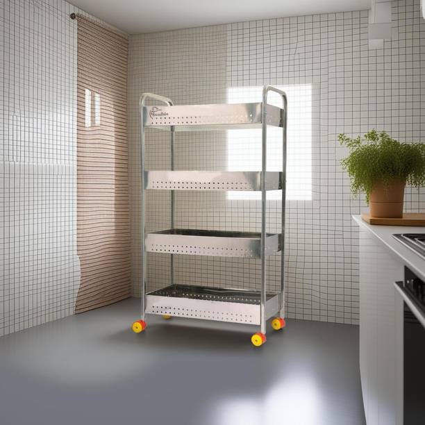 Swadhin 4 Layer Stainless Steel Folding Perforated Trolley Portable Modern Storage Rack Design Fruits & Vegetable Cutlery Spice Pickles Jars Organizer Holder Stand Stainless Steel Kitchen Trolley