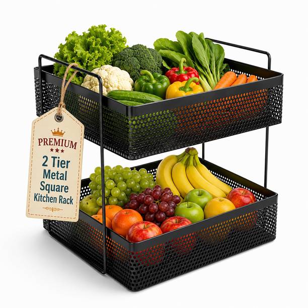 JD FRESH 2 Tier Metal Kitchen Stand Organizer/Large Capacity & Modern Ventilation Design Carbon Steel Kitchen Trolley