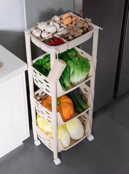PARASNATH SKEP 3+1 Layer Fruit & Vegetable Basket Trolley Included 1 Dish Box Tray Plastic Kitchen Trolley