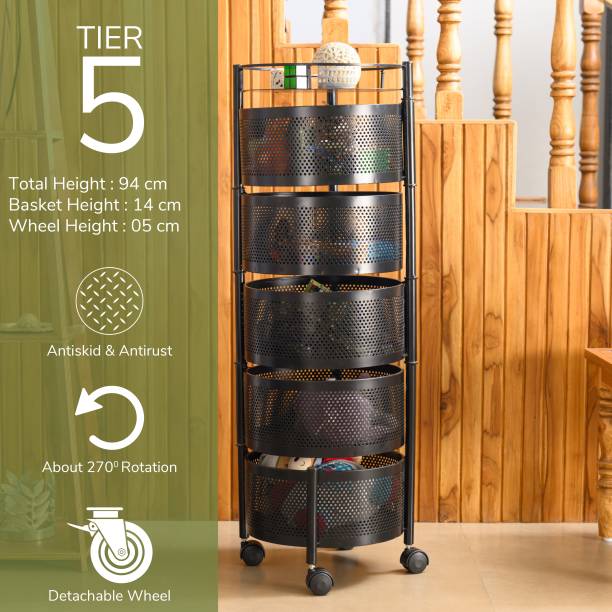 TrendyCreationHub Round Bowl 5 Tier Irons Basket with 360° Rotating Wheels, Vegetable Storage Iron Kitchen Trolley