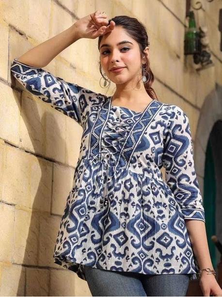Casual Regular Sleeves Geometric Print, Ethnic Motifs, Printed Women Blue, White Top