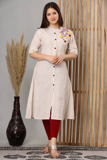 Dizon Women Embroidered Cotton Blend A-line Kurta (Beige)
