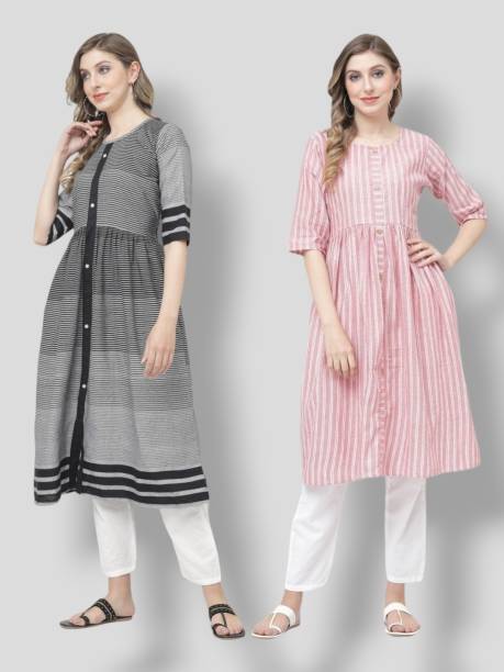 Pack of 2 Women Striped Pure Cotton Anarkali Kurta Price in India