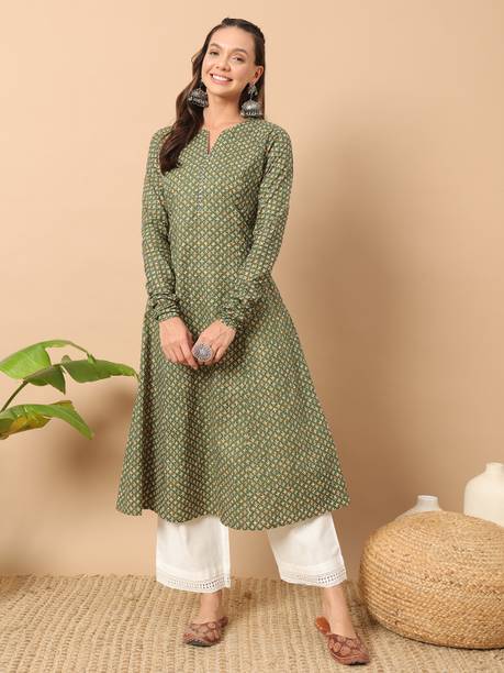 FIORRA Women Floral Print Pure Cotton A-line Kurta (Green)