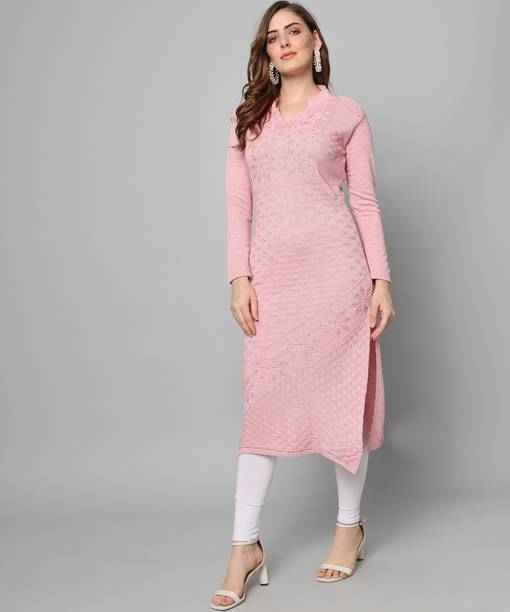 BUDAPEST Women Self Design Wool Straight Kurta (Pink)