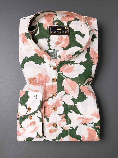 Men Floral Print Linen Blend Straight Kurta