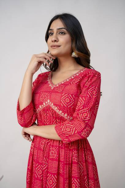 DIPANI Women Printed Viscose Rayon Anarkali Kurta (Pink)