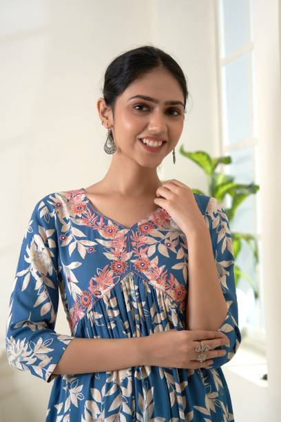 DIPANI Women Printed Viscose Rayon Anarkali Kurta (Blue)