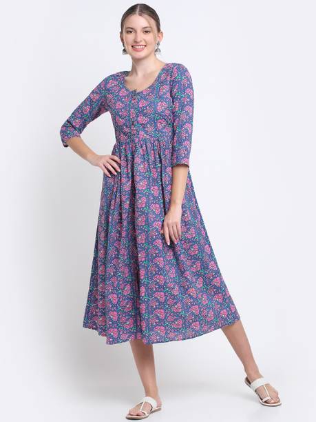 Myaza Women Floral Print Pure Cotton Flared Kurta