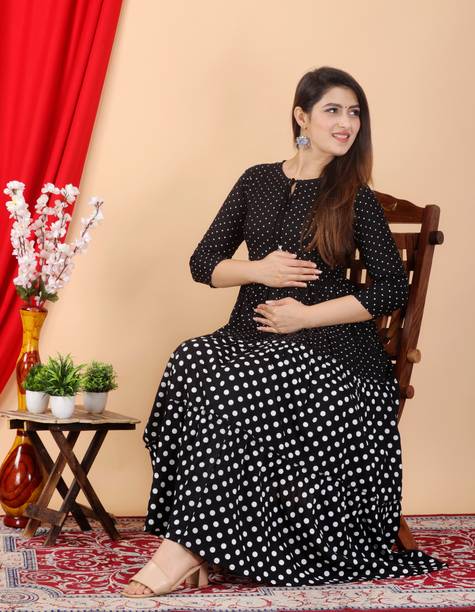 Most Women Printed Pure Cotton Flared Kurta (Black)