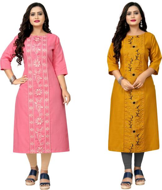 Pack of 2 Women Embroidered Cotton Blend Straight Kurta Price in India