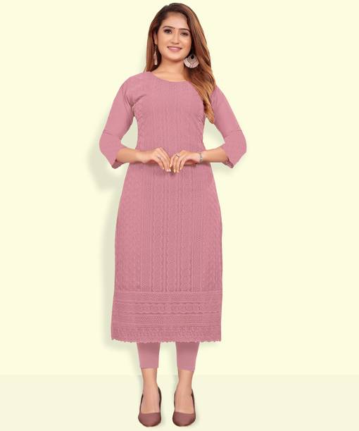 KAYRAAH Women Embroidered Georgette Straight Kurta (Pink)