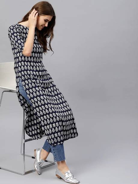Shrutika Women Floral Print Viscose Rayon Straight Kurta (Blue)