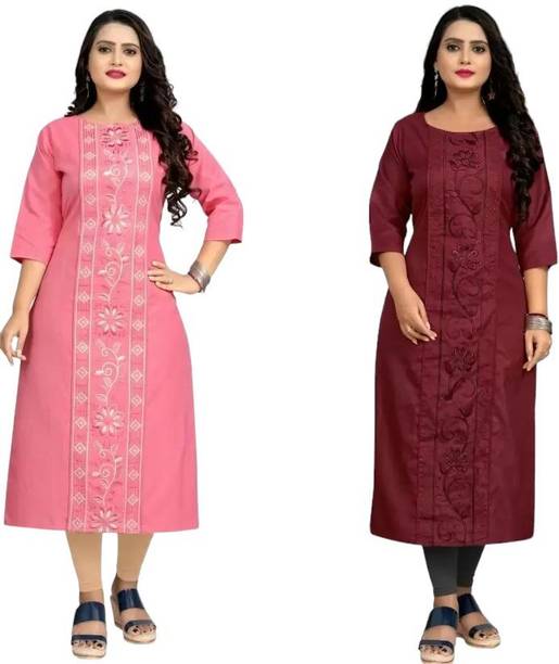 Vinhscape Pack of 2 Women Embroidered Cotton Blend Straight Kurta