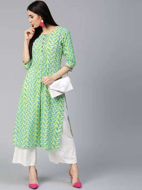 Jaipur Kurti Women Printed Pure Cotton Straight Kurta (Green)