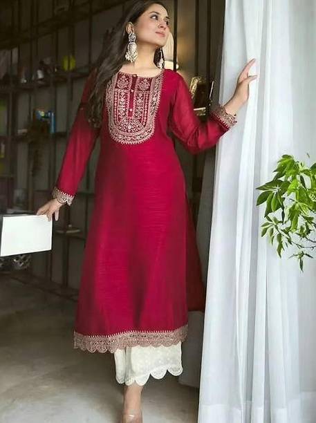 Women Embroidered Art Silk A-line Kurta