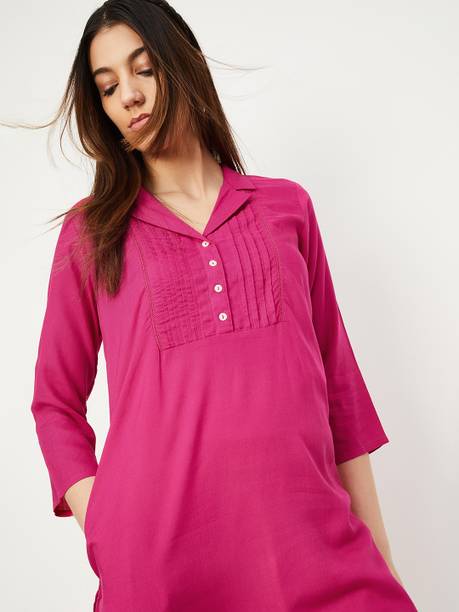 max Women Printed Viscose Rayon A-line Kurta (Pink)
