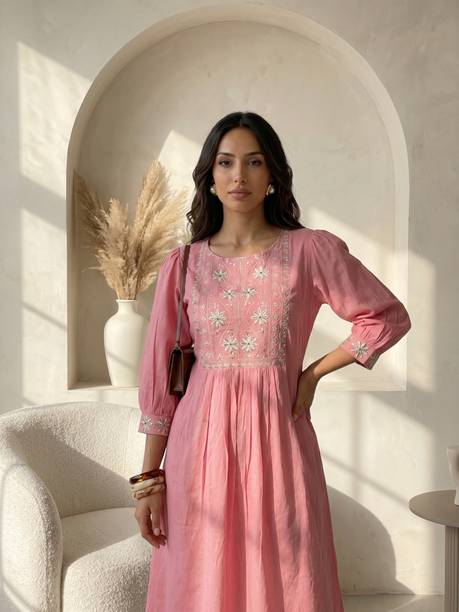 Embroidered Pure Cotton A-line Kurta for Women