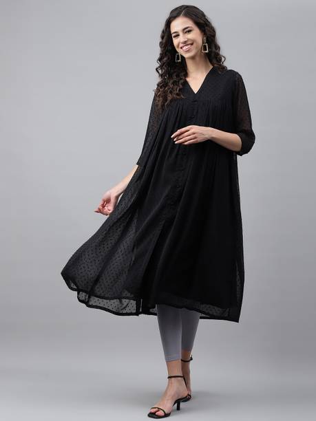 Janasya Women Woven Design Chiffon Frontslit Kurta (Black)