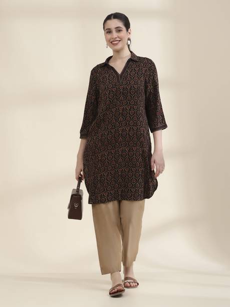 RANGRITI Printed Viscose Rayon Straight Kurta for Women Brown