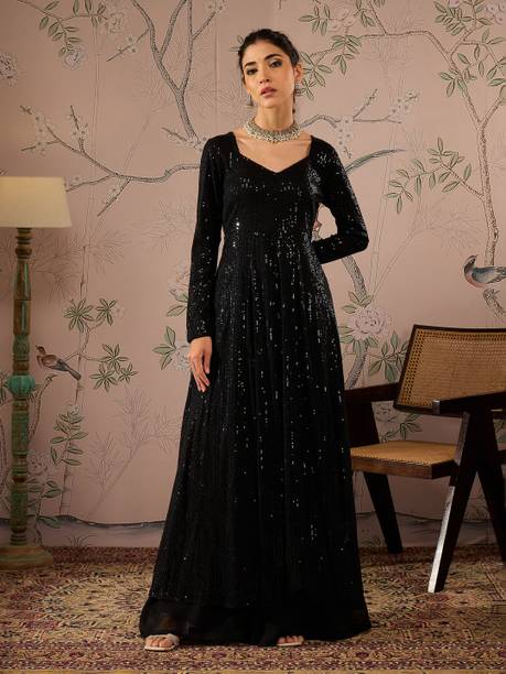 Women Embroidered Polyester Anarkali Kurta (Black)