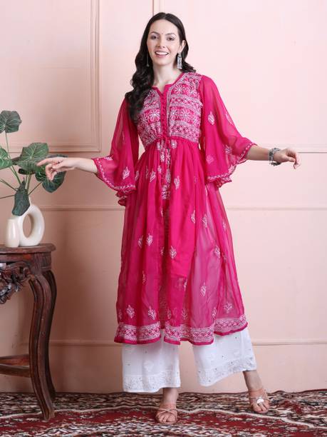 FAWOMENT Women Chikan Embroidery Anarkali Kurta