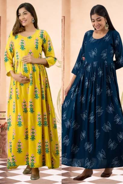 RANGRAIL Pack of 2 Women Printed Cotton Rayon Gown Kurta