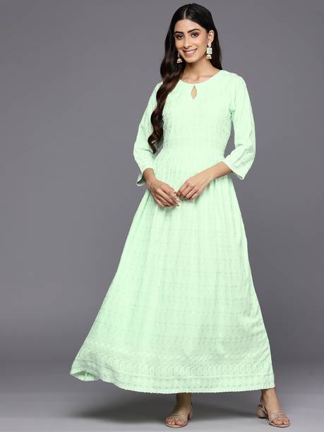 LIBAS Embroidered Viscose Rayon Flared Kurta for Women Light Green