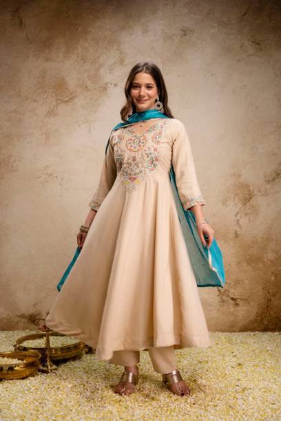 Embroidered Chanderi Anarkali Kurta for Women With Attached Dupatta