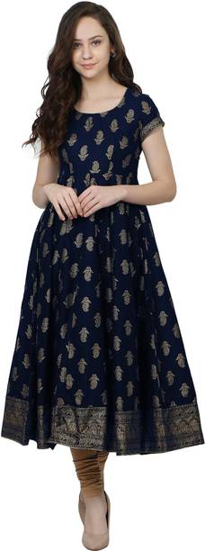 poshak Women Printed Cotton Blend Flared Kurta (Blue)