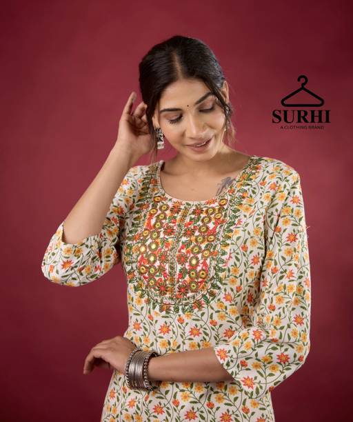 Surhi Women Embroidered Cotton Blend Straight Kurta (Multicolor)
