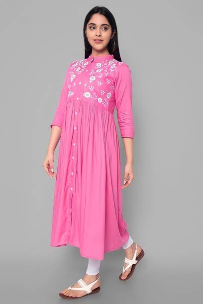 PALSIYA PRESENTS Women Printed Cotton Rayon A-line Kurta (Pink)