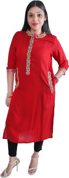 Women Embroidered Cotton Rayon Straight Kurta With Attached Dupatta Price in India