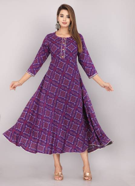 Women Printed Cotton Rayon Gown Kurta Price in India