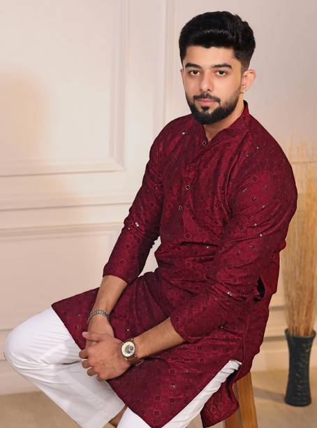 Embroidered Cotton Blend Straight Kurta for Men