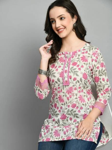SELKET Women Printed Viscose Rayon Straight Kurta (White, Pink)