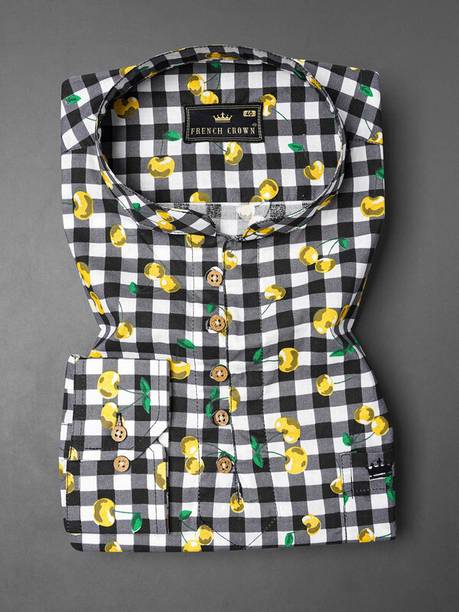 Men Checkered, Floral Print Cotton Blend Straight Kurta