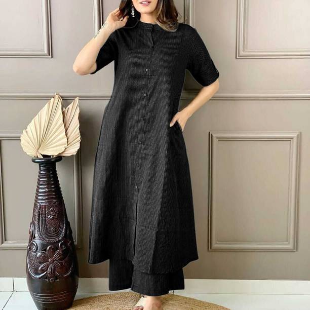 Mgkurti Women Striped Pure Cotton A-line Kurta (Black)