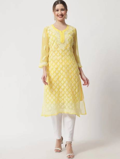 Fs chikankari Women Chikan Embroidery Straight Kurta
