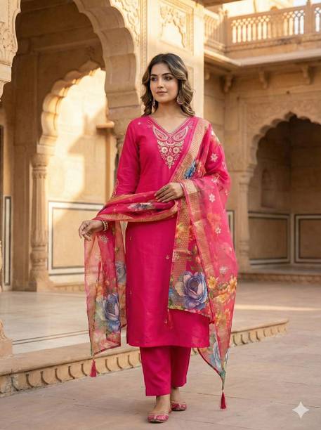 Embroidered, Floral Print, Embellished, Solid Cotton Blend Straight Kurta for Women With Attached Dupatta