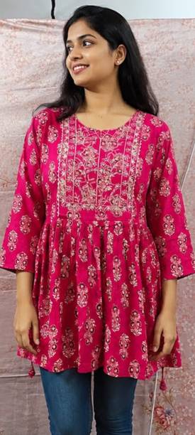 Embroidered Pure Cotton Flared Kurta for Women