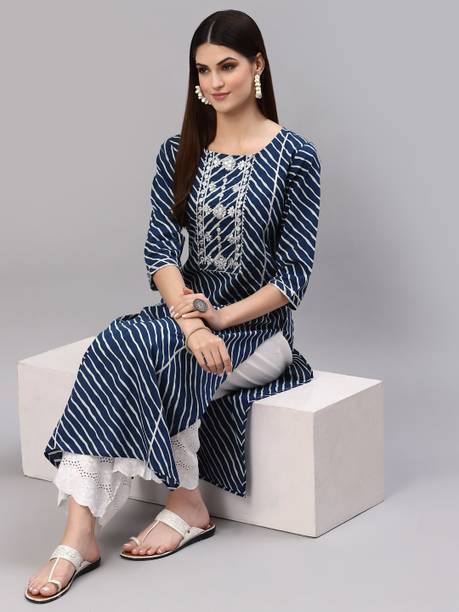 Women Embellished, Embroidered, Leheriya Pure Cotton Straight Kurta