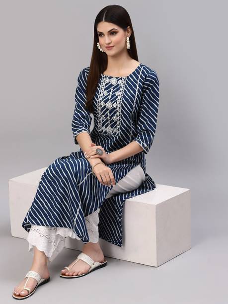 Women Embellished, Embroidered, Leheriya Pure Cotton Straight Kurta Price in India