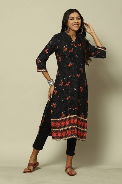 RANGRITI Printed Viscose Rayon Straight Kurta for Women Black