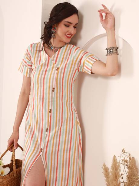 Youthnic Women Striped Cotton Blend A-line Kurta (Multicolor)